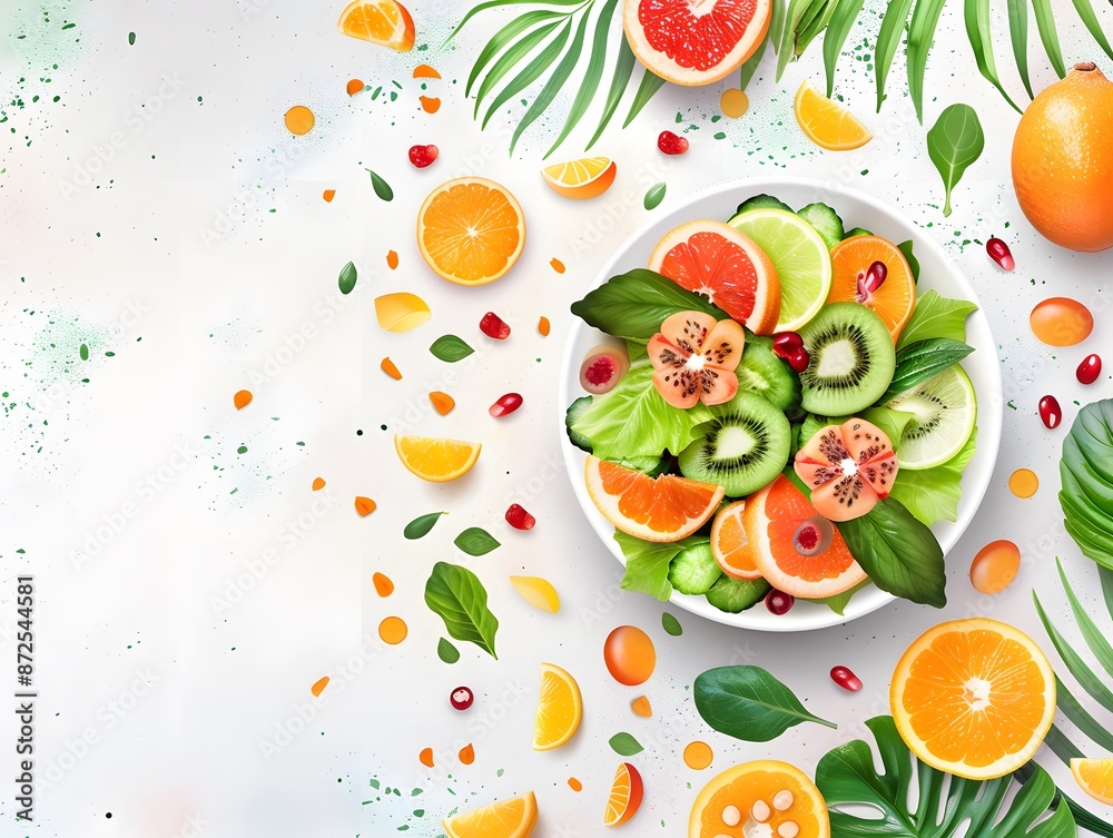 Fresh citrus fruits and green leaves arranged on white background. Perfect for healthy eating or summer concepts. Fresh citrus fruits and green leaves arranged on white background. Perfect for healthy eating or summer concepts.