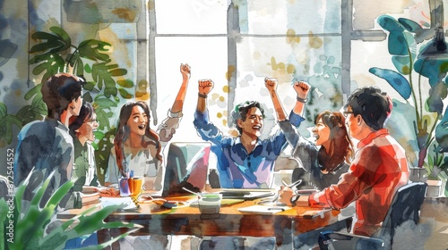 Team celebrating a successful project completion, watercolor style