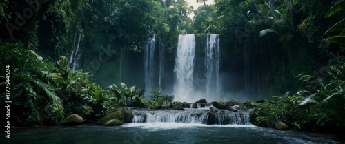 Waterfall cascading down lush Panoramic view multi-tiered flowin