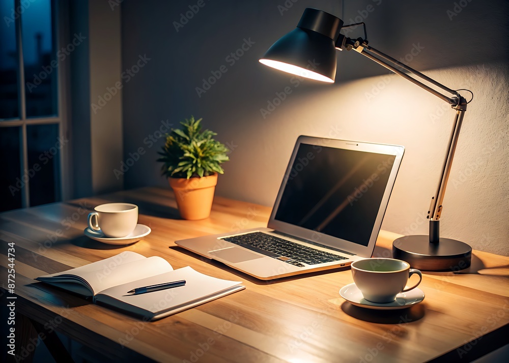 A minimalist desk with a laptop aglow, surrounded by neat papers and a coffee cup, evoking a sense of focused work on a quiet night. A minimalist desk with a laptop aglow, surrounded by neat papers and a coffee cup, evoking a sense of focused work on a quiet night.