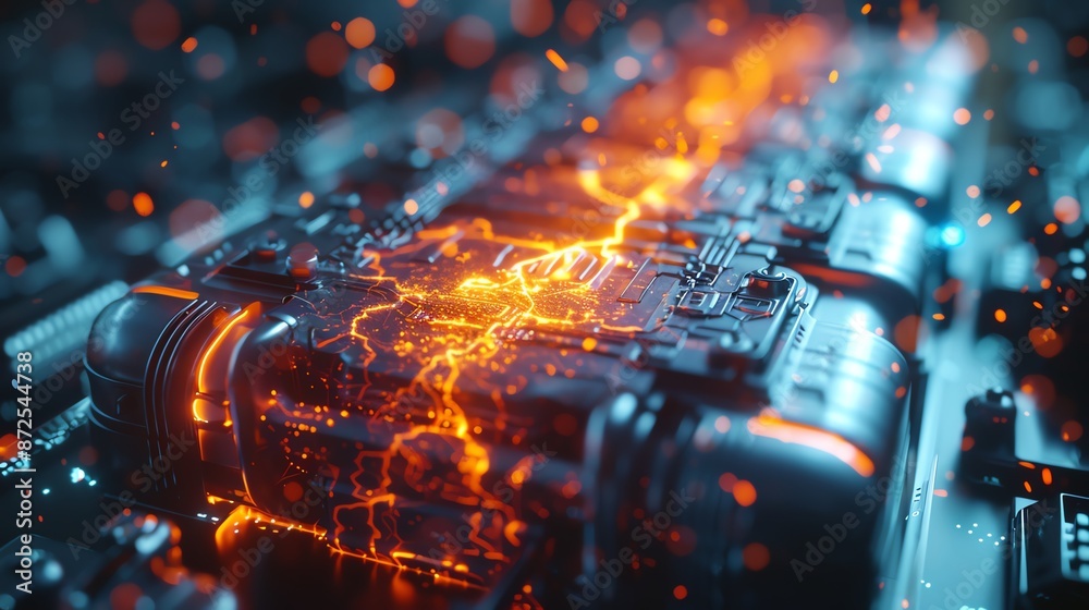 Close-up of a futuristic circuit board with glowing energy lines and sparks, symbolizing advanced technology and high performance. Close-up of a futuristic circuit board with glowing energy lines and sparks, symbolizing advanced technology and high performance.