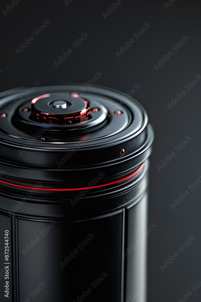 Close-up shot of a black cylindrical object with red accents, featuring a sleek and modern design against a dark background. Close-up shot of a black cylindrical object with red accents, featuring a sleek and modern design against a dark background.