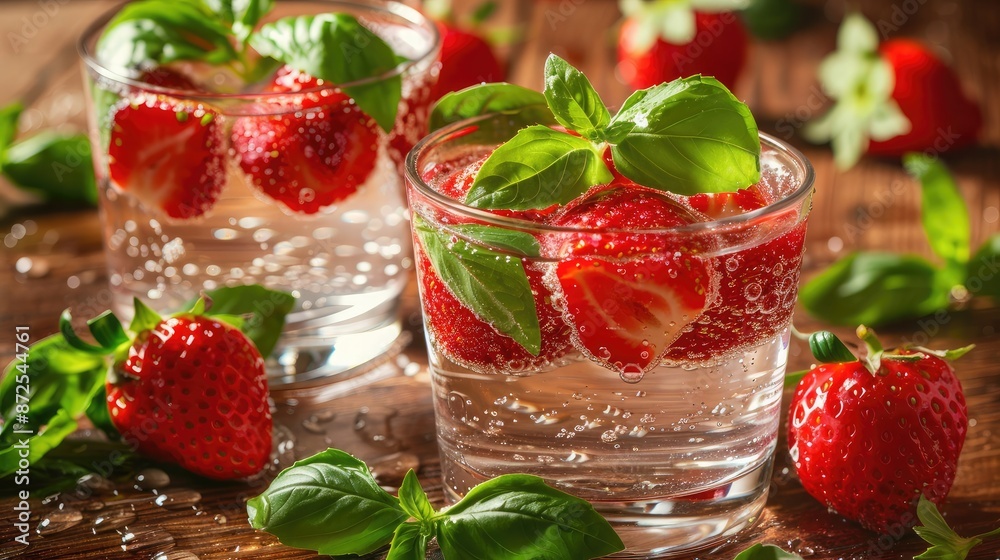 Refreshing sparkling water with strawberries and basil leaves on a wooden table Refreshing sparkling water with strawberries and basil leaves on a wooden table