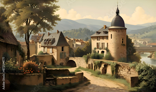 Vintage French Landscape Watercolor Illustration Art photo