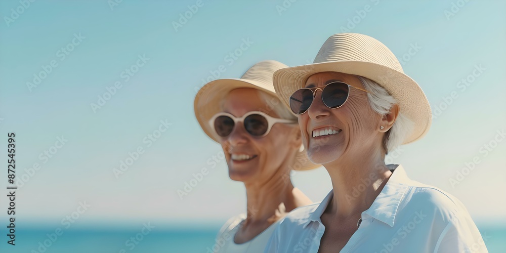 Happy elderly couple in hats enjoying a sunny day at the beach. Concept Elderly couple, Beach, Sunny day, Hats, Joyful moments Happy elderly couple in hats enjoying a sunny day at the beach. Concept Elderly couple, Beach, Sunny day, Hats, Joyful moments