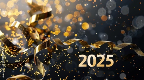 Golden ribbons and 2025 text with festive bokeh lights for New Year celebration photo