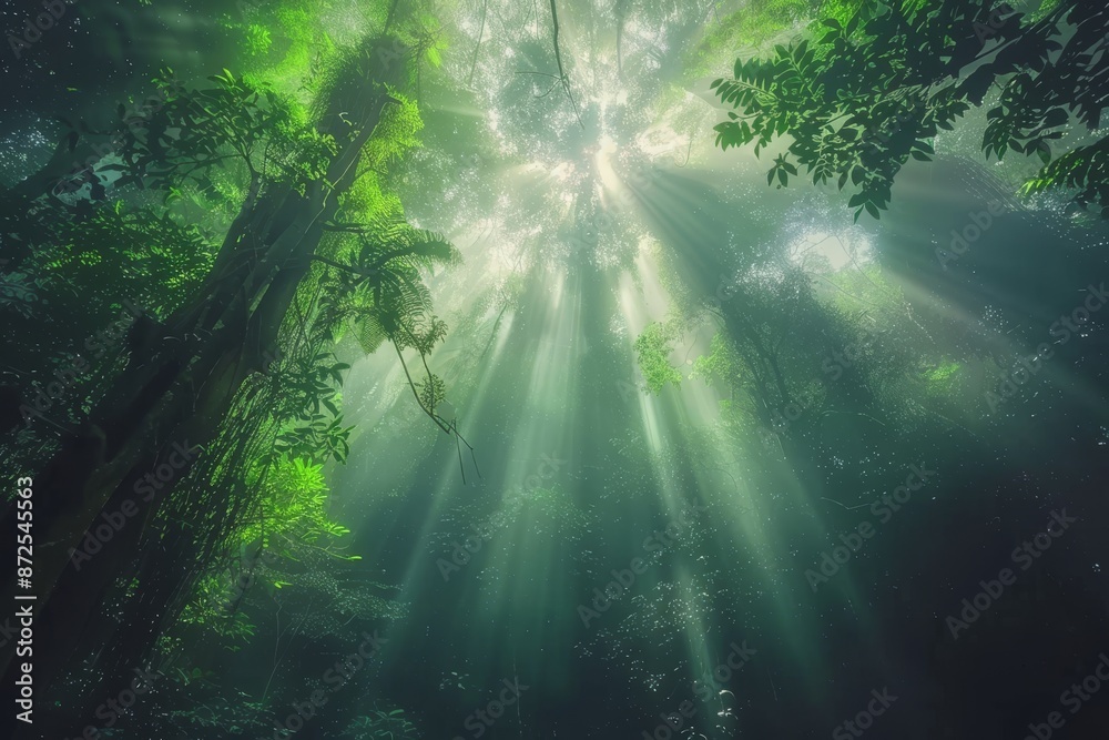 Obraz premium Sun Rays Through Dense Jungle Canopy