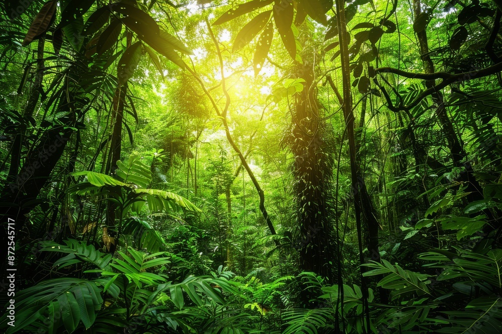 Obraz premium Sunbeams Through a Lush Tropical Forest