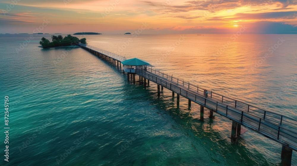 Fototapeta premium A pier is seen in the distance with a beautiful sunset in the background. Generate AI