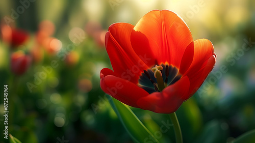 A close-up of a bright red tulip, its petals slightly open to reveal the dark stamens inside. The vivid color stands out against the lush green background.