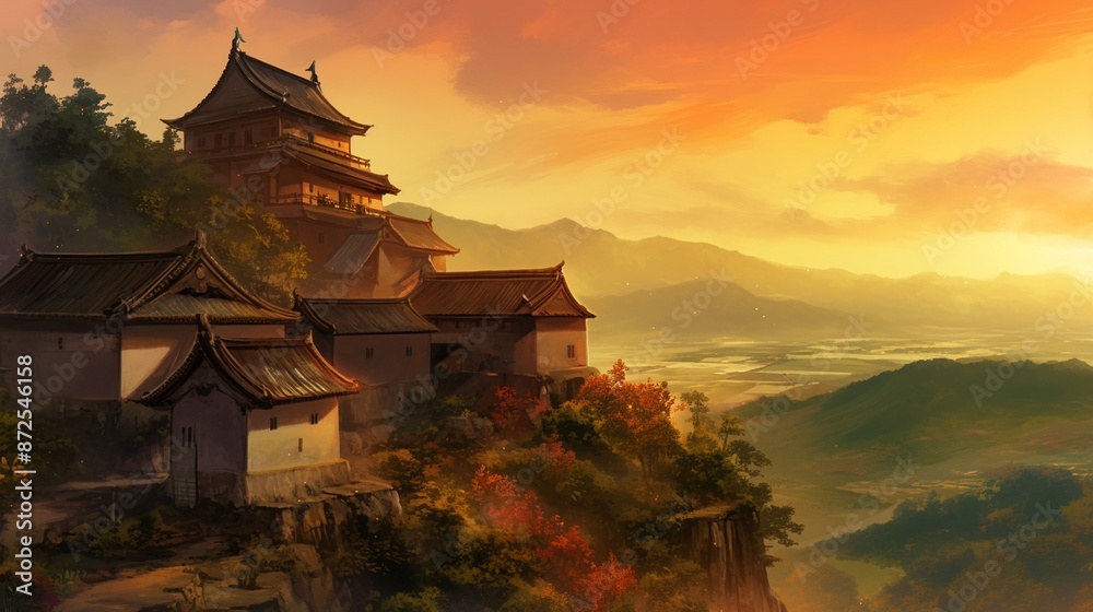 日本の城の風景、夕日2 日本の城の風景、夕日2