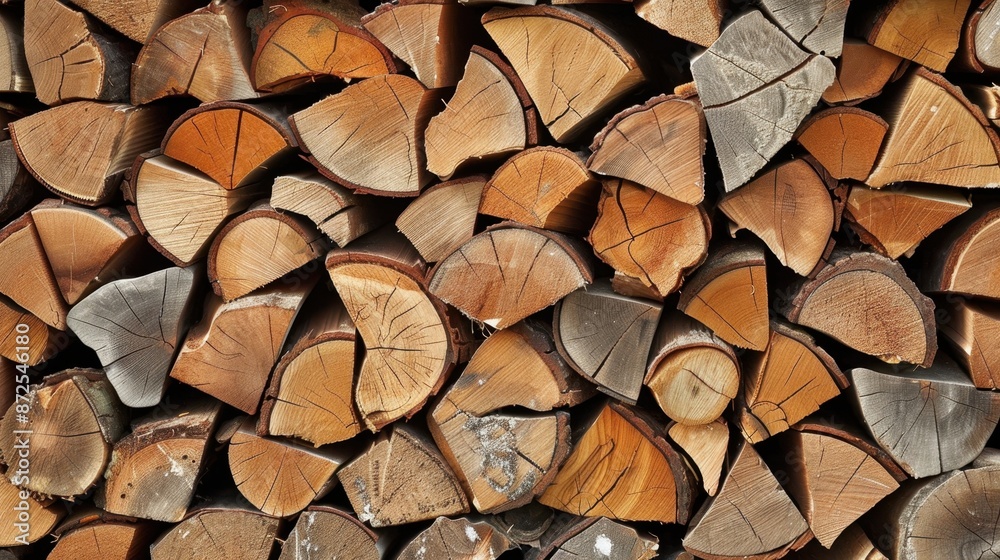 Fototapeta premium Chopped firewood stack logs or chopped firewood slices showing detailed wood textures and growth rings black and white backdrop.