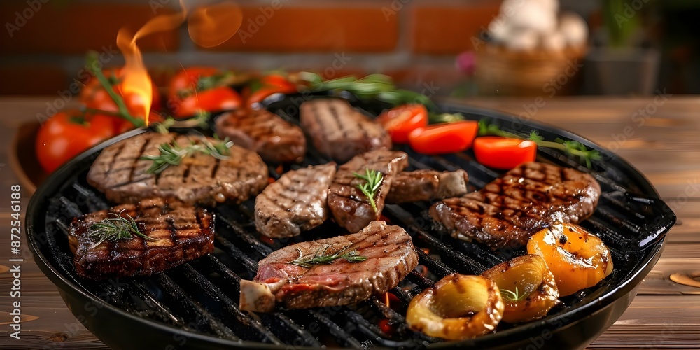 Sizzling Grill A Delicious Spread of Meat and Vegetables. Concept BBQ Party, Grilled Delights, Food Photography, Outdoor Cooking, Gourmet Meals Sizzling Grill A Delicious Spread of Meat and Vegetables. Concept BBQ Party, Grilled Delights, Food Photography, Outdoor Cooking, Gourmet Meals