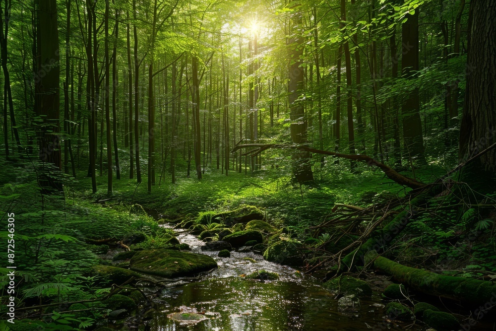 Obraz premium Sunbeams Filtering Through a Tranquil Forest