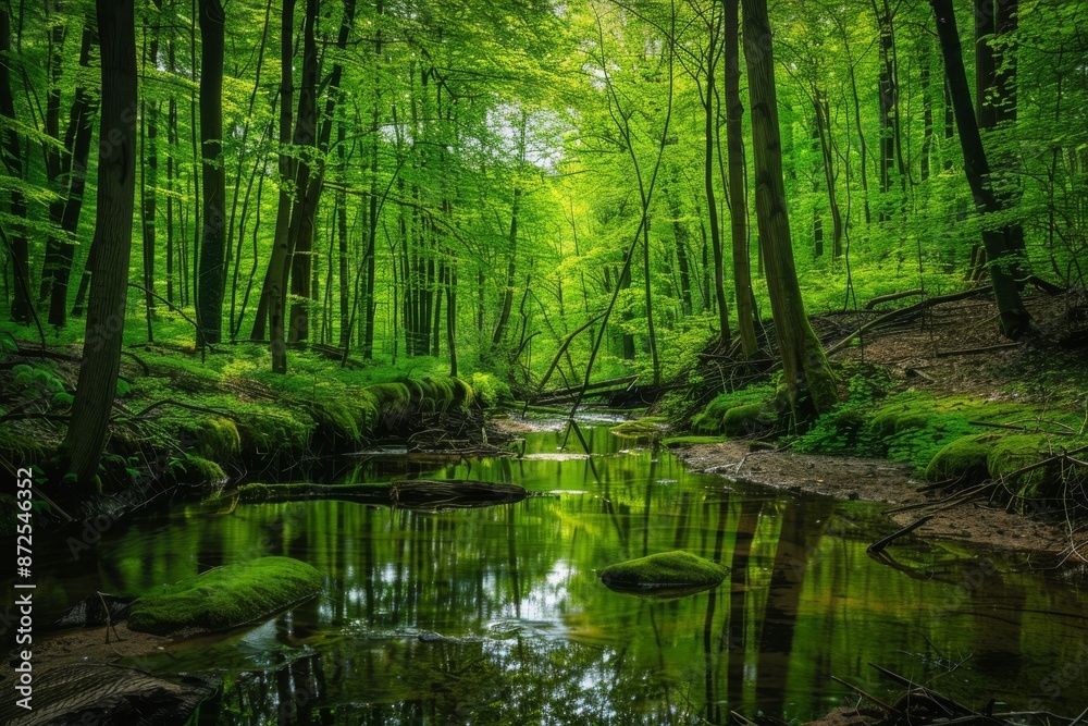 Tranquil Stream Winding Through a Lush Green Forest Tranquil Stream Winding Through a Lush Green Forest