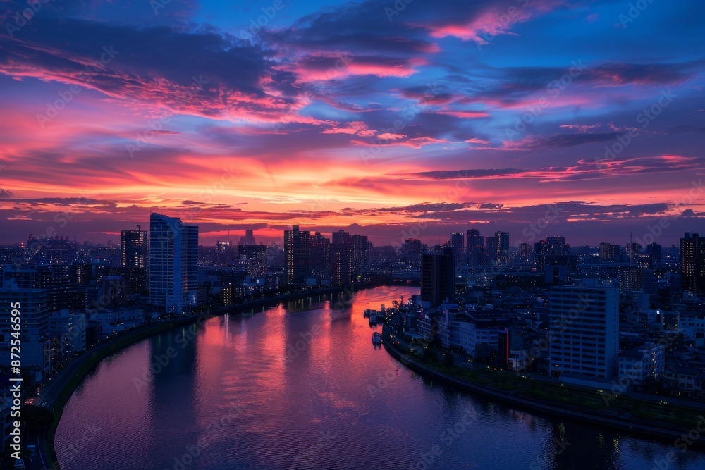 Fototapeta premium Cityscape with a Vivid Sunset Reflection in the River