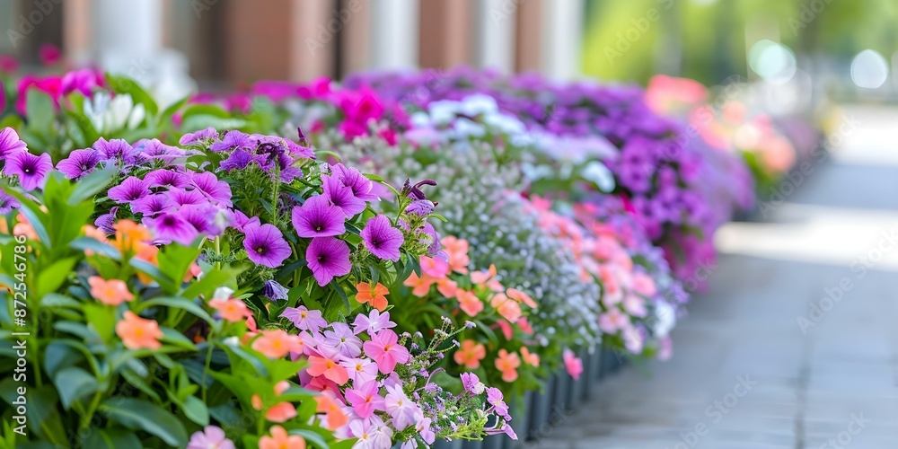 Vibrant Flower Bed Outside Municipal Building Enhances Public Space. Concept Public Spaces, Urban Beautification, Colorful Plantings
