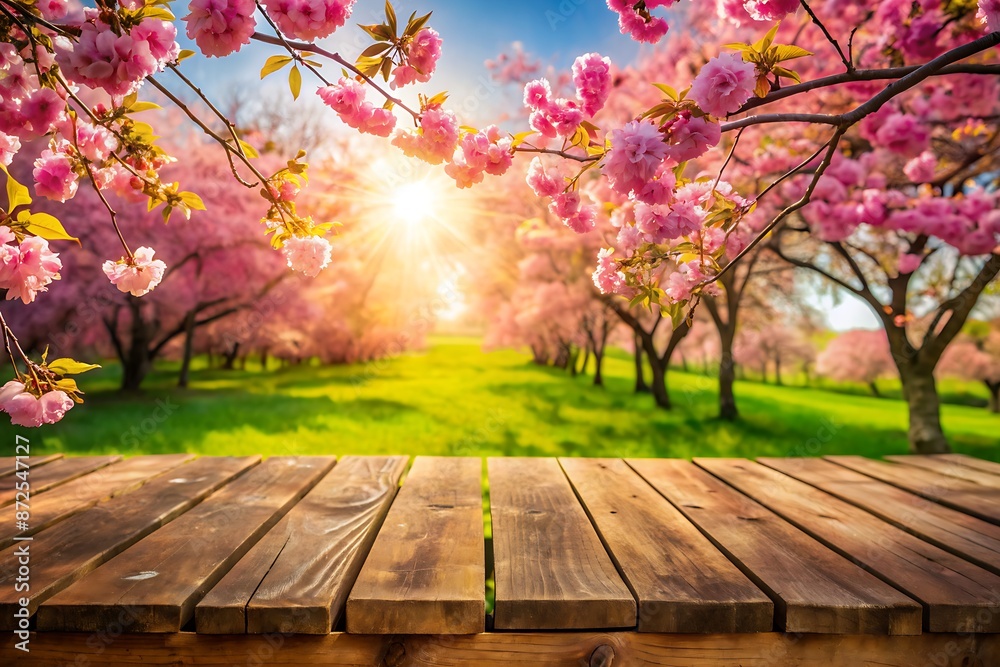 Serene wooden table placed in a vibrant spring garden with blooming pink sakura blossoms reaching towards the sun, providing ample copy space for product demonstration. Serene wooden table placed in a vibrant spring garden with blooming pink sakura blossoms reaching towards the sun, providing ample copy space for product demonstration.