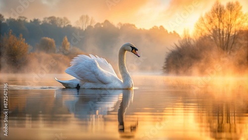 Fototapeta Naklejka Na Ścianę i Meble -  Elegant Swan in Golden Mist at Sunrise