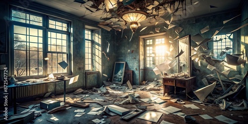 A dimly lit, cluttered, and chaotic room with shattered mirror pieces, torn papers, and dark shadows, conveying a sense of turmoil and emotional distress. photo