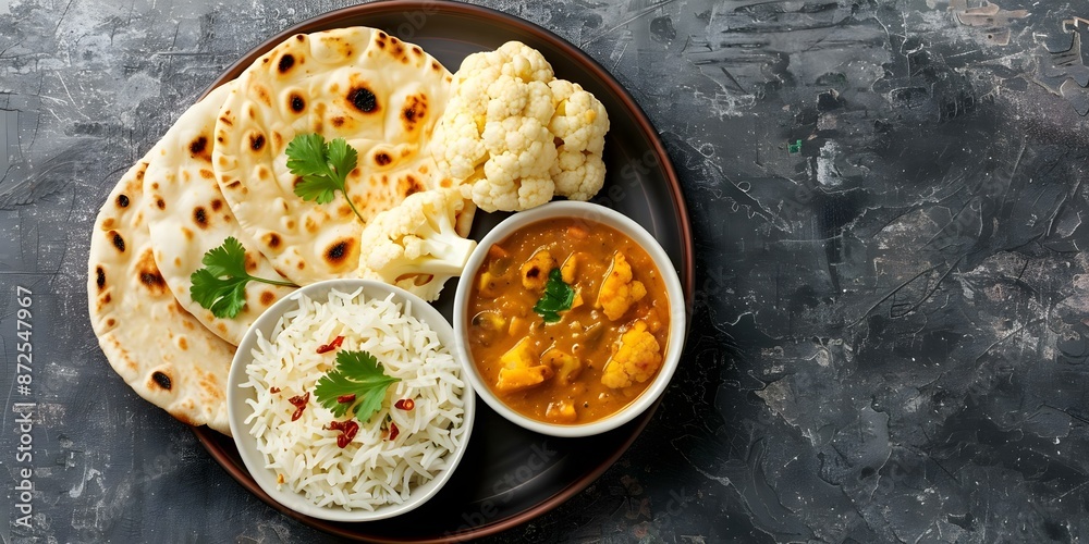 Authentic Indian Vegetarian Thali Dal, Cauliflower Curry, Roti, and Rice. Concept Indian Cuisine, Vegetarian Thali, Traditional Recipes, Dal, Cauliflower Curry