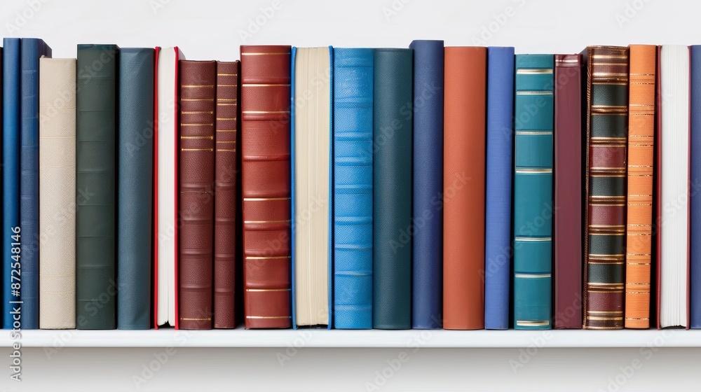 Naklejka premium Array of literature books on a shelf, displaying diverse spine designs, covers, and binding styles, creating a visually appealing and educational atmosphere