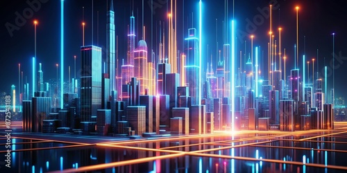 Futuristic Cityscape with Neon Lights and Data Flow