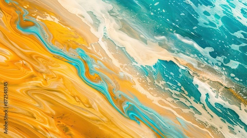 Abstract aerial view of colorful ocean waves sandy shore meeting water artistic natural landscape coastal beauty