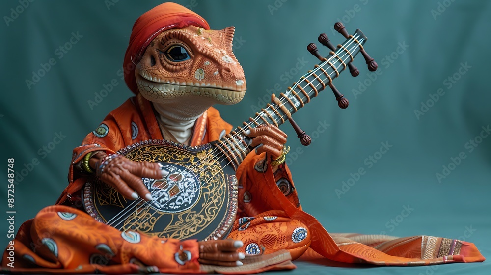 Obraz premium A photo of a dinosaur facetious playing a sitar, isolated on a dark turquoise background copy space for text, sharp focus and clear light , high clarity no grunge, splash, dust , noise