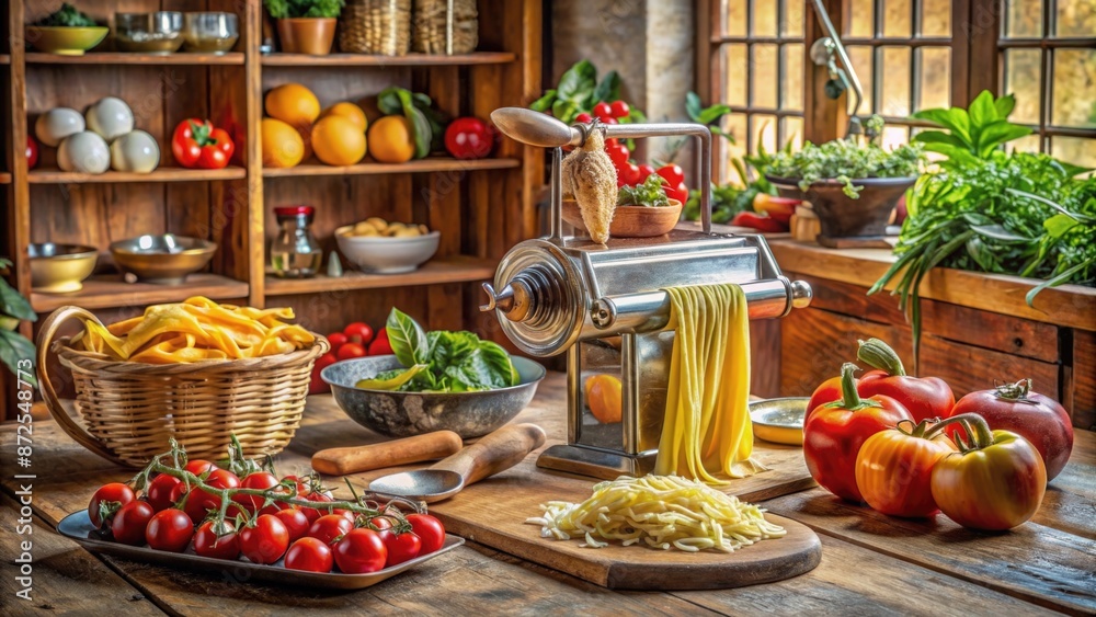 Traditional Italian kitchen with an old pasta maker and fresh ingredients Traditional Italian kitchen with an old pasta maker and fresh ingredients
