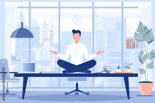 A man is sitting at a desk in a room with a potted plant and a bookcase. He is in a relaxed state, possibly meditating or practicing yoga. The room has a modern and minimalist design photo