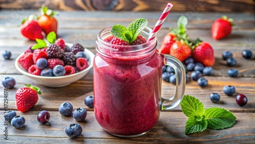 Vibrant mixed berry smoothie in a mason jar with a straw, clear background