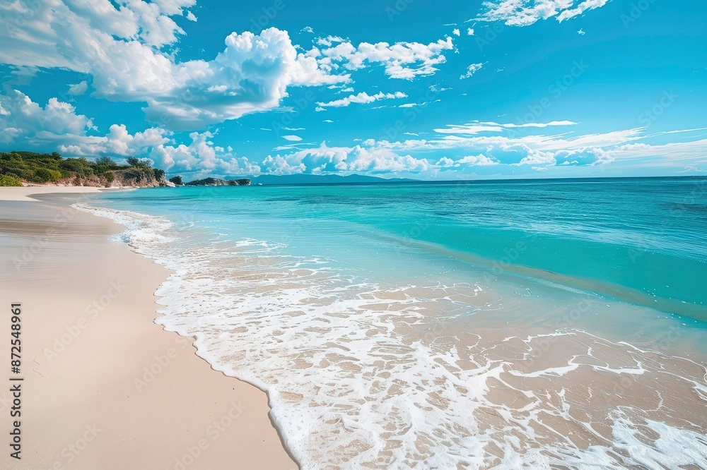 Beautiful beach with white sand, turquoise ocean water and blue sky with clouds in sunny day. Panoramic view. Natural background for summer vacation. Beautiful beach with white sand, turquoise ocean water and blue sky with clouds in sunny day. Panoramic view. Natural background for summer vacation.
