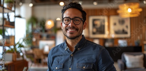 Smiling Man Wearing Glasses in a Modern Office Setting
