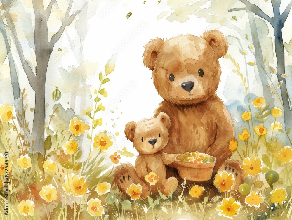 Cute watercolor illustration of two teddy bears in a forest surrounded by yellow flowers. Perfect for children's decor and designs. Cute watercolor illustration of two teddy bears in a forest surrounded by yellow flowers. Perfect for children's decor and designs.