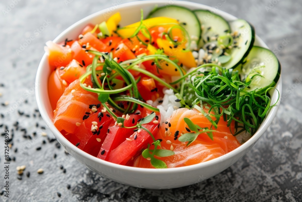Hawaiian Poke Bowl with Salmon, Cucumber, and Sesame Seeds Hawaiian Poke Bowl with Salmon, Cucumber, and Sesame Seeds