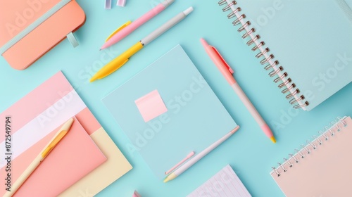 Comprehensive office stationery set laid out neatly on a desk, featuring pens, notebooks, sticky notes, and organizers, vibrant and detailed display