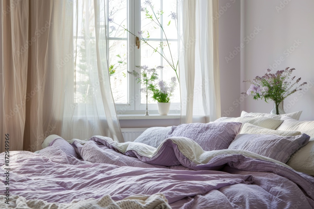 Lavender Bedroom with White Curtains and Flowers Lavender Bedroom with White Curtains and Flowers