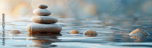 Stacked Stones Floating on Calm Water With Morning Mist