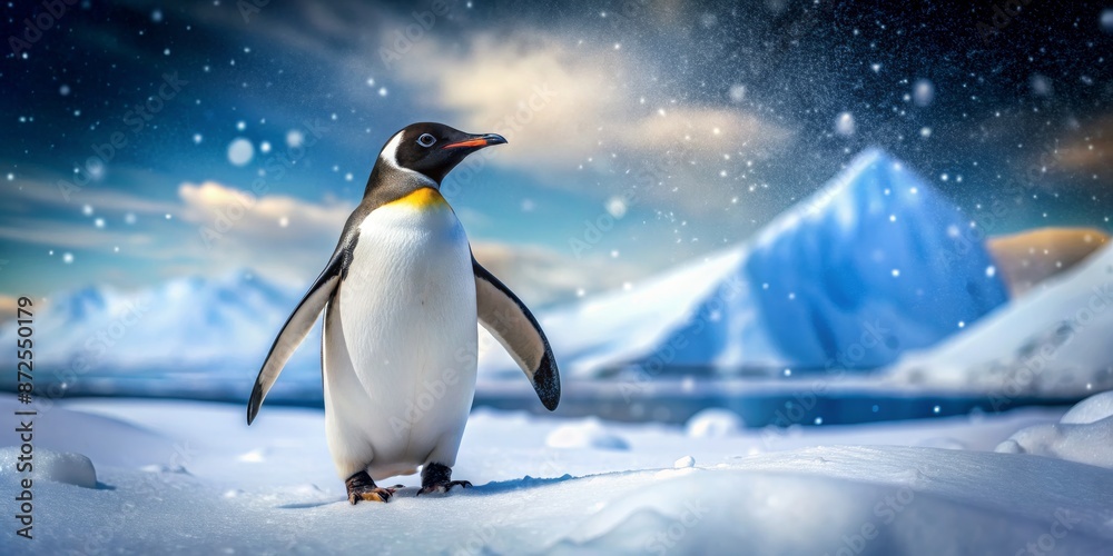 Fototapeta premium King Penguin in Snowy Landscape with Mountains in the Background