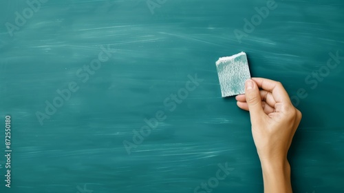 Close-up of a blackboard with chalk writing and an eraser, highlighting a teacher's hand explaining a lesson, educational setting, vibrant classroom