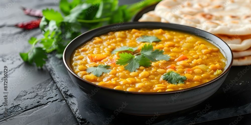 A satisfying bowl of dal tadka Indian lentil curry with roti. Concept Indian Cuisine, Vegetarian Recipes, Cooking Techniques, Traditional Dishes, Spices and Herbs A satisfying bowl of dal tadka Indian lentil curry with roti. Concept Indian Cuisine, Vegetarian Recipes, Cooking Techniques, Traditional Dishes, Spices and Herbs