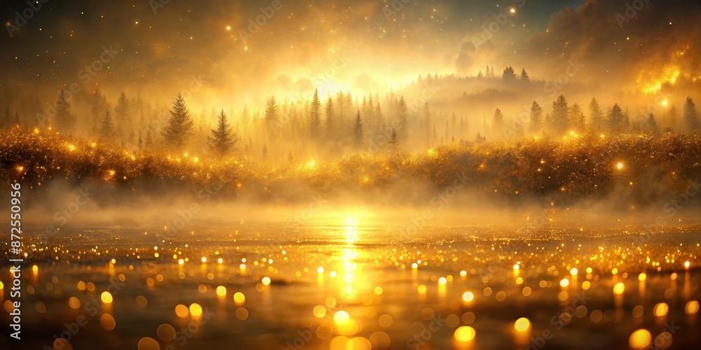 Fototapeta premium Magical Golden Sunset over Misty Forest Lake with Bokeh Lights