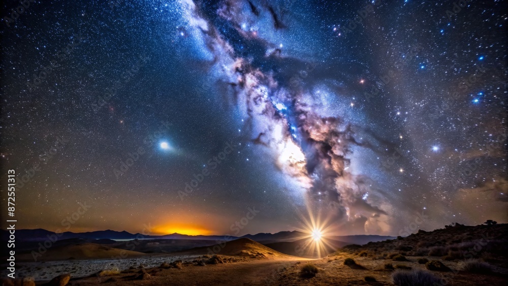 Milky Way Galaxy Over Desert Landscape at Night with Stars, Mountains, and Sunburst Milky Way Galaxy Over Desert Landscape at Night with Stars, Mountains, and Sunburst