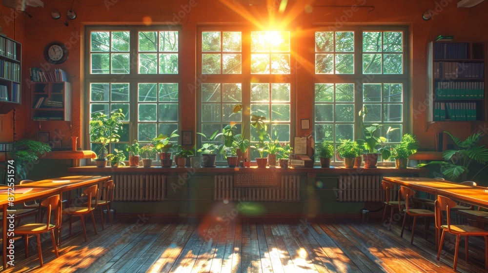 Cozy Sunlit Classroom with Green Plants and Large Windows - Generative AI Cozy Sunlit Classroom with Green Plants and Large Windows - Generative AI