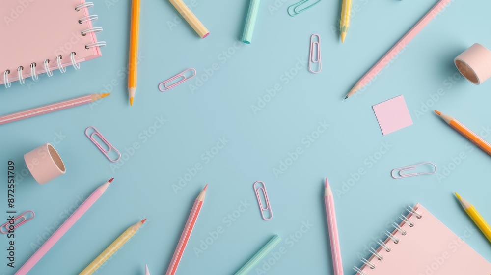 Creative display of various stationery items like colored pencils, sticky notes, and paper clips in an organized pattern, bright and engaging layout Creative display of various stationery items like colored pencils, sticky notes, and paper clips in an organized pattern, bright and engaging layout