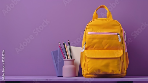 Yellow Backpack with Notebooks on Lavender Background: A yellow backpack filled with notebooks and pencils, resting against a lavender background, with ample copy space on the left.