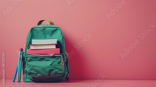 Green Backpack with Academic Books on Pink Background: A green backpack filled with academic books and pens, positioned against a pink background, with ample copy space on the left.