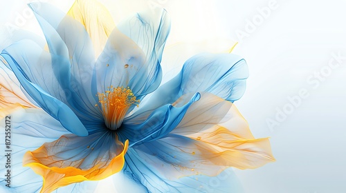 Abstract Blue and Yellow Flower on White Background: A vibrant abstract flower with blue and yellow petals, intricately layered, set against a clean white background, showcasing the sharp contrast