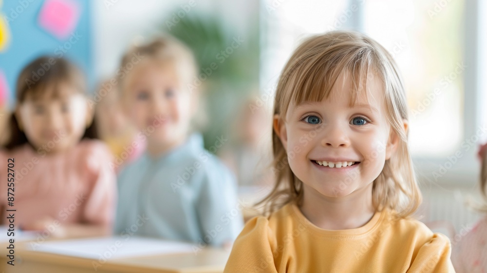 Vibrant classroom scene with enthusiastic children and a smiling teacher, students engaged in interactive learning activities, colorful and inviting atmosphere